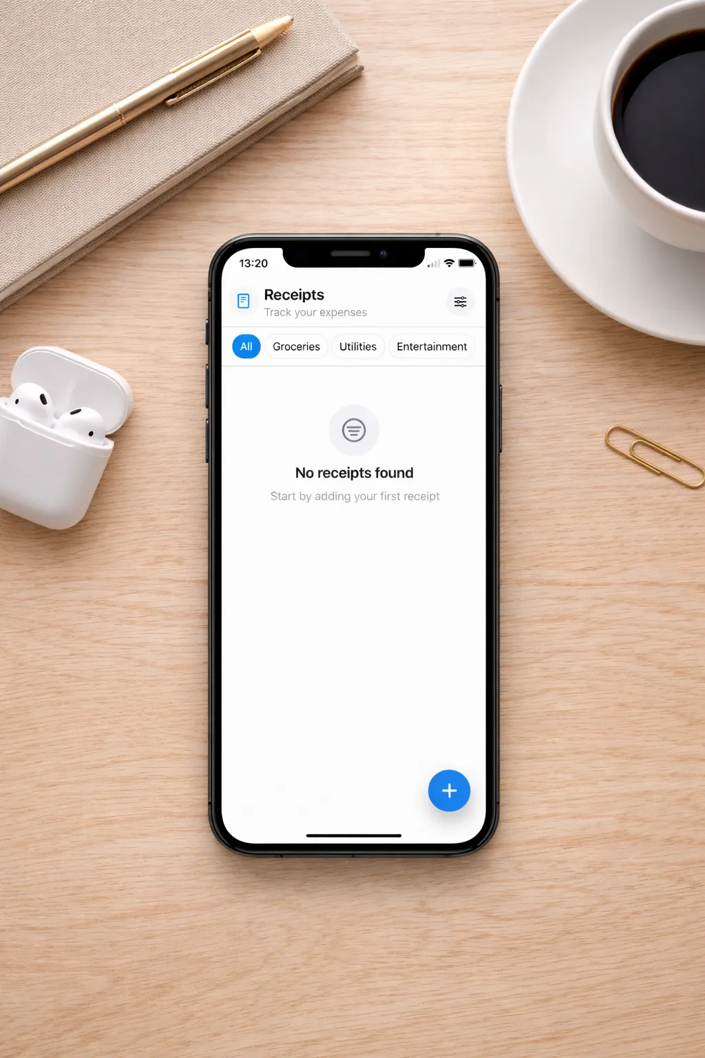 Top-down iPhone mockup showing the Receipt & Bill Tracker app on a wooden desk